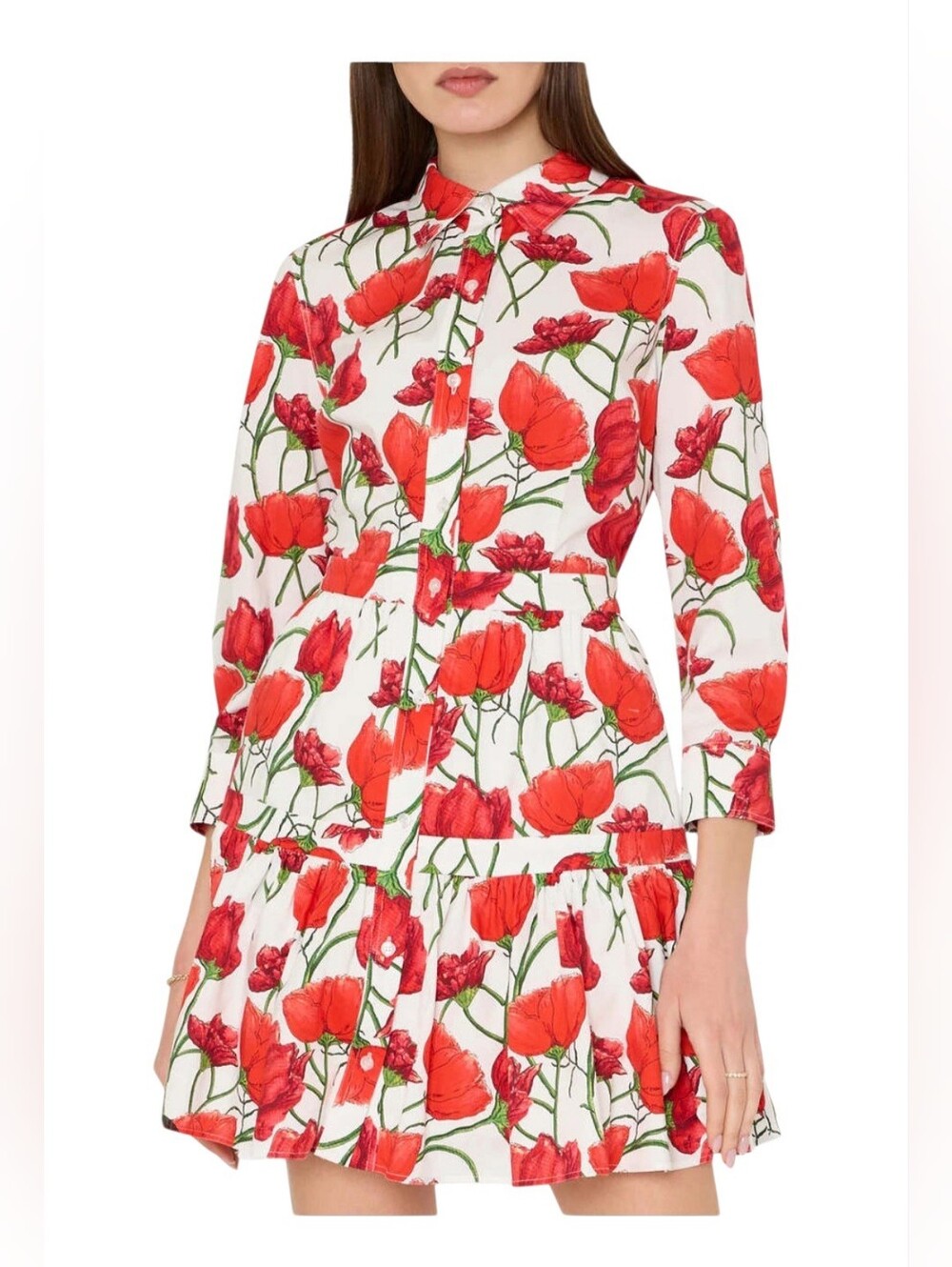 Milly Red Poppy Print Long Sleeve Dress on White